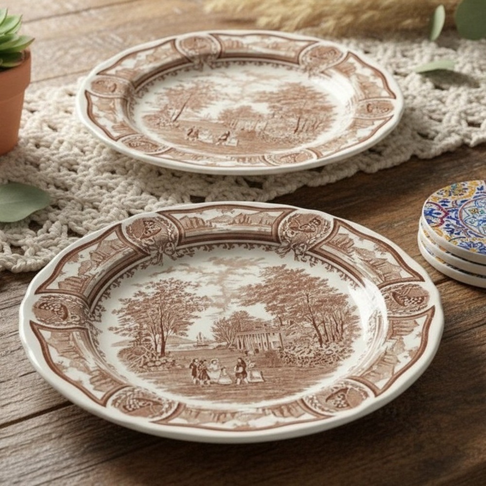 J & G Meakin Brown Americana 2 Dinner Plates 10.5"